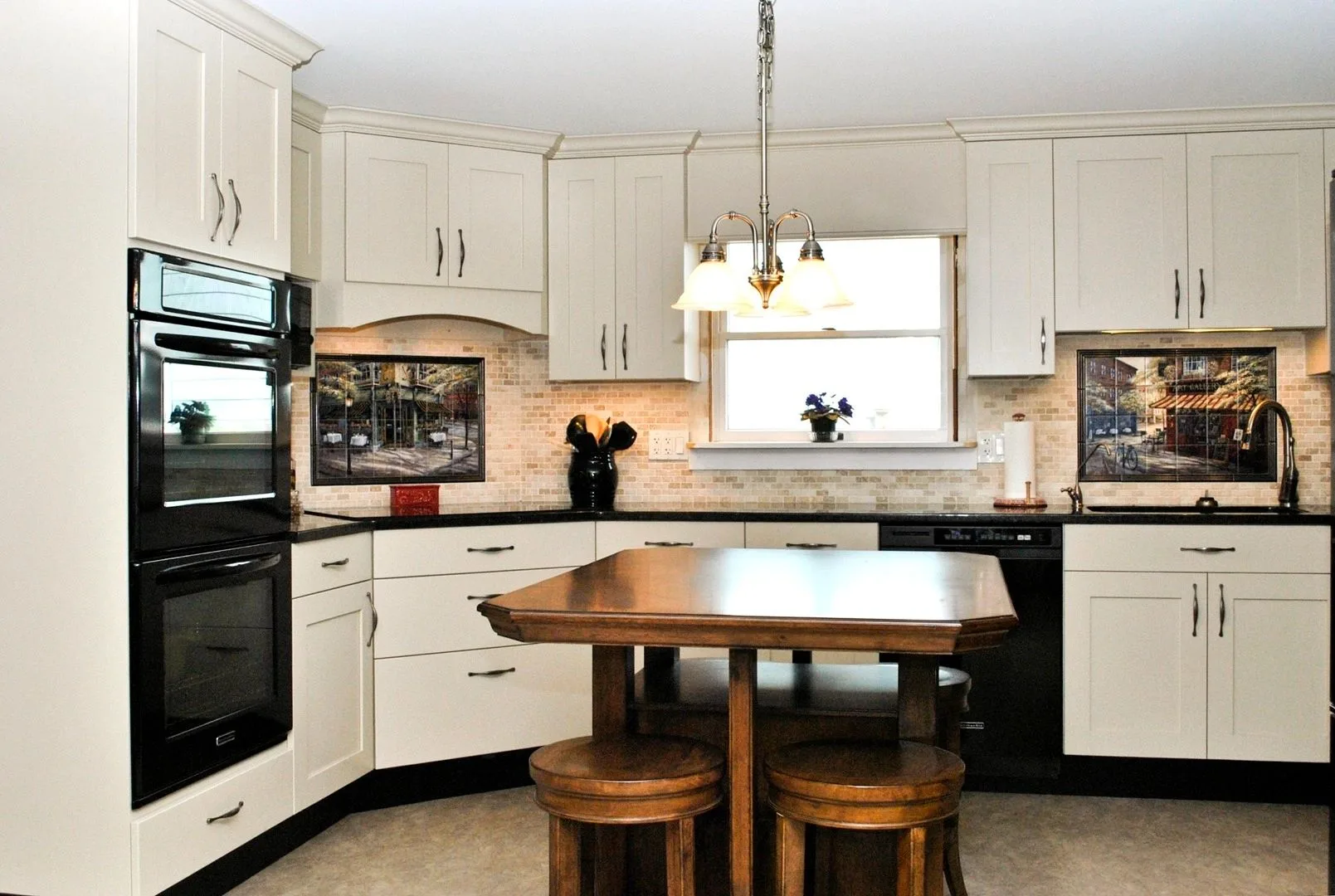 white kitchen with round wood dining table, Kitchens & Vanities