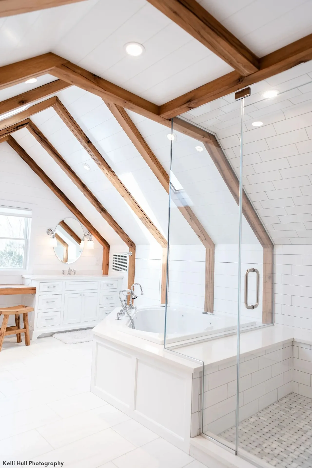 vaulted bath with timber beams and glass shower, Kitchens & Vanities