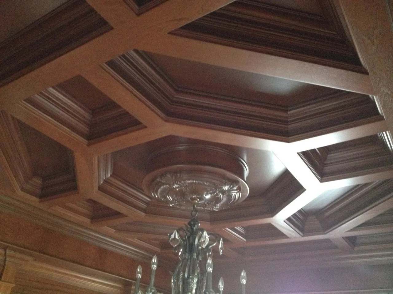 coffered octagonal paneled ceiling with chandelier, Paneled Rooms