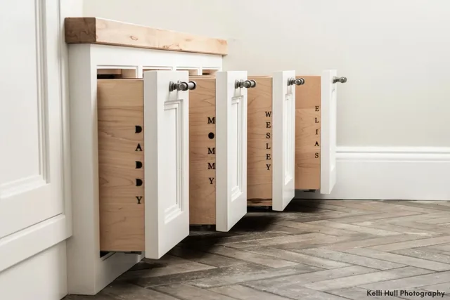 Custom Through Tenon Joinery and Carvings: drawers engraved with family names, Custom Through Tenon Joinery and Carvings